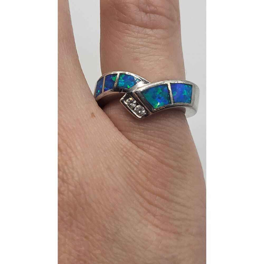 Chunky Blue Opal Inlay Sterling Silver Ring Size 5